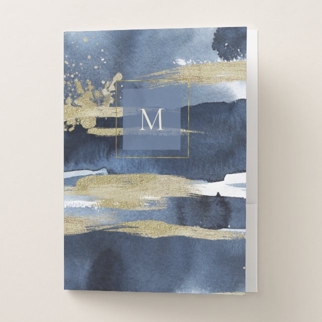 Elegant Blue | Abstract Gold with Monogram Pocket Folder (Front)