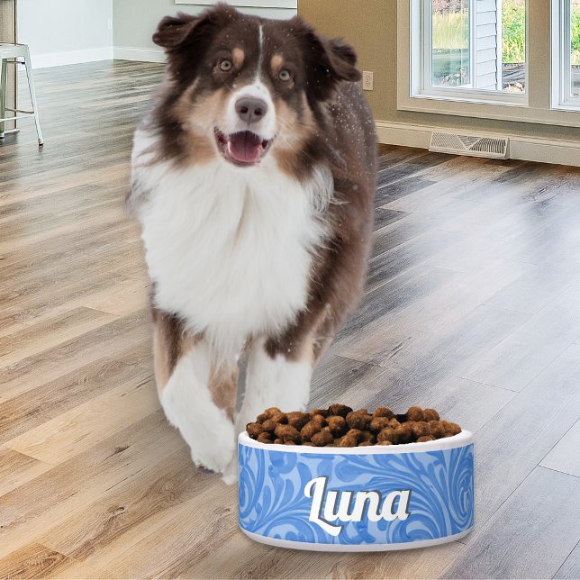 Elegant Blue Abstract Patterned Personalized Bowl (An elegant ceramic dog bowl, with blue swirly pattern and your pet's name in white script typography)