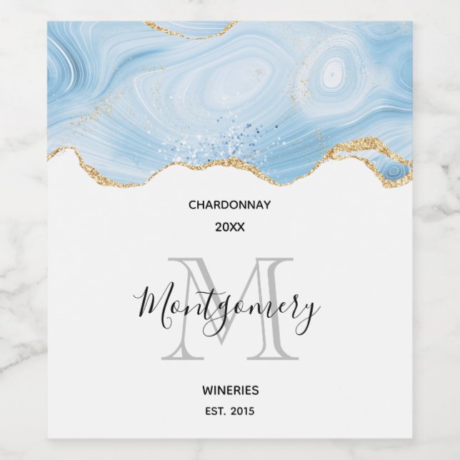 Elegant Blue Agate and Gold Glitter Wine Making Wine Label (Single Label)