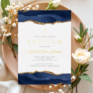 Elegant Blue Agate Boy Baptism Gold Foil Invitation