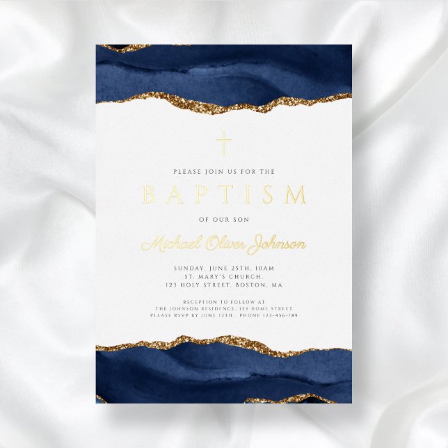 Elegant Blue Agate Boy Baptism Gold Foil Invitation (Elegant Blue Agate Boy Baptism Gold Foil Invitation)