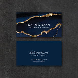 Elegant Blue Agate + Faux Gold Glitter Business Card
