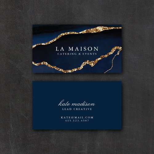 Elegant Blue Agate  Faux Gold Glitter Business Card