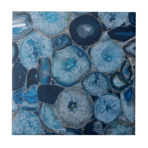 Elegant Blue Agate Gemstone Quartz Crystal Print Ceramic Tile