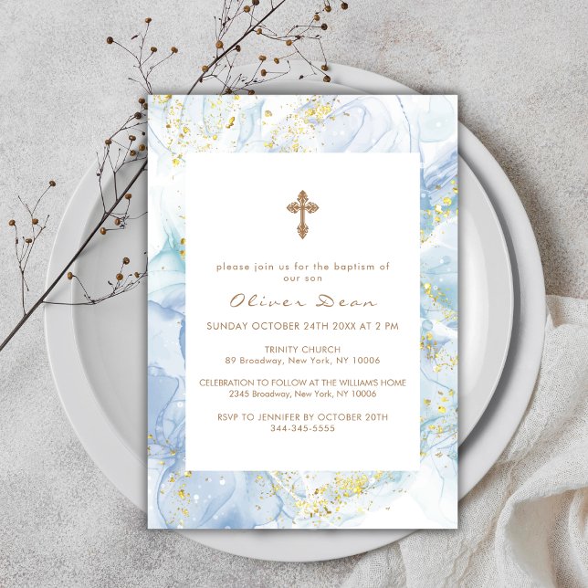 Elegant Blue Agate Gold Cross Boy Baptism   Invitation (Elegant Blue Agate Gold Cross Boy Baptism Invitation)