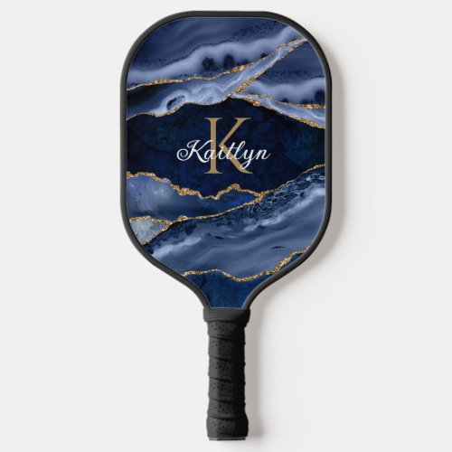 Elegant Blue Agate Gold Glitter Monogram Name Pickleball Paddle