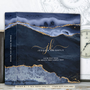 Elegant Blue Agate Gold Glitter Script Monogram 3 Ring Binder