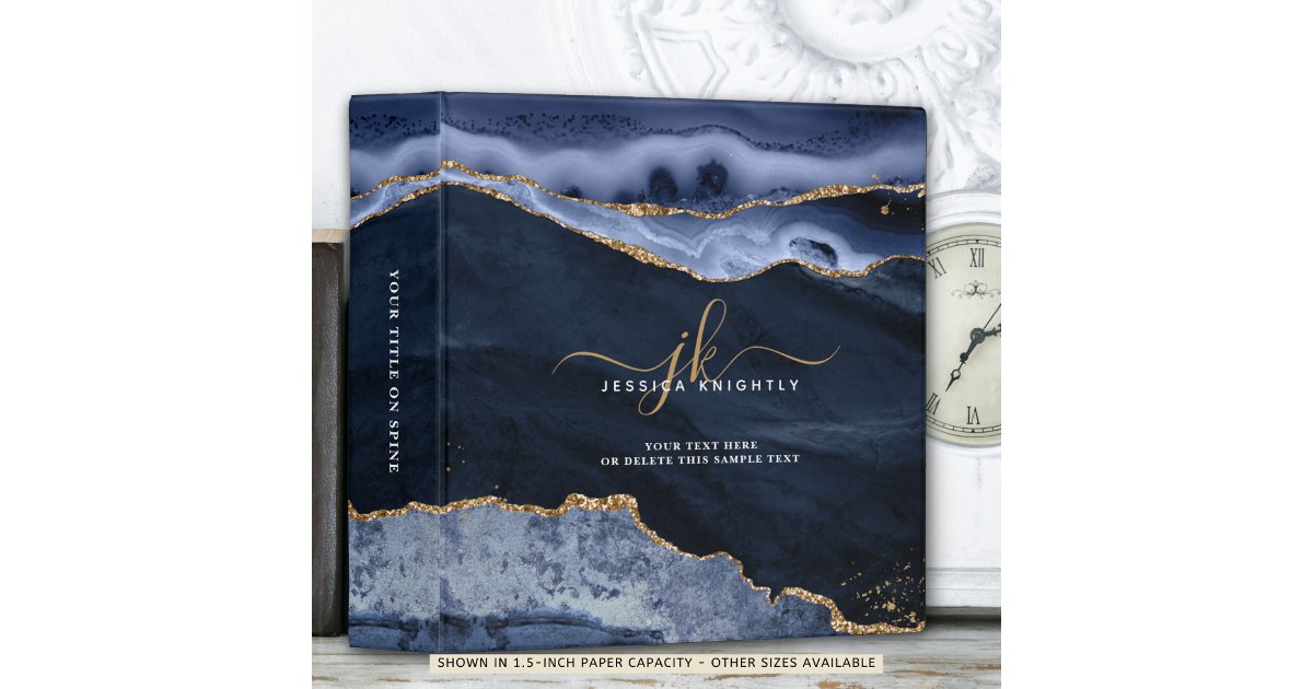 Elegant Blue Agate Gold Glitter Script Monogram 3 Ring Binder | Zazzle