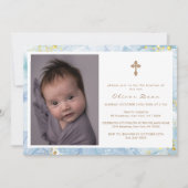 Elegant Blue Agate Photo Gold Cross Boy Baptism Invitation | Zazzle