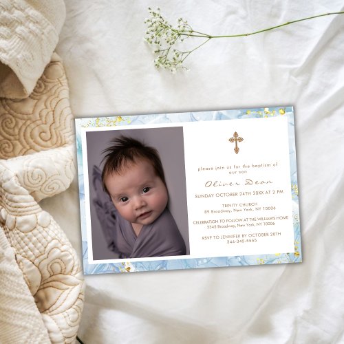 Elegant Blue Agate Photo Gold Cross Boy Baptism   Invitation