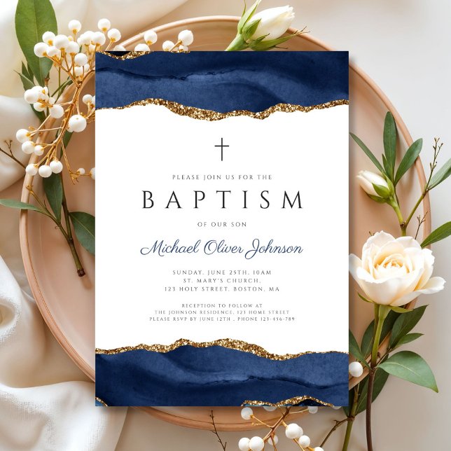 Elegant Blue Agate Religious Baby Baptism Invitation (Elegant Blue Agate Religious Baby Baptism Invitation)