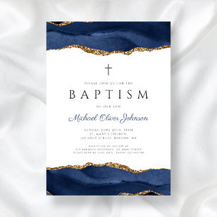 Elegant Blue Agate Religious Baby Baptism Invitation