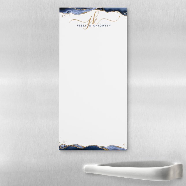 Elegant Blue Agate Script Monogram Initials Magnetic Notepad (In Situ)