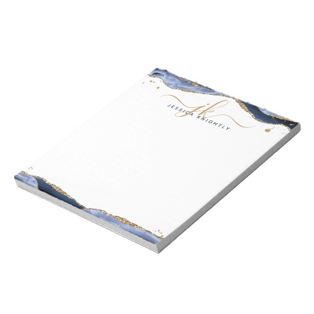 Elegant Blue Agate Script Monogram Initials Notepad (Rotated)