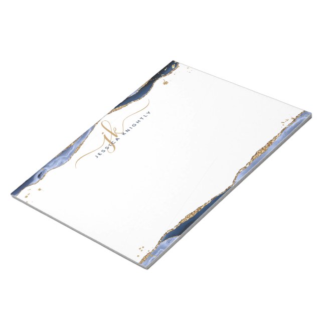 Elegant Blue Agate Script Monogram Initials Notepad (Angled)
