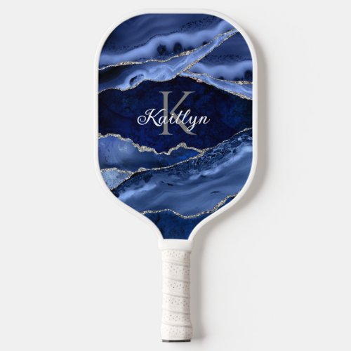 Elegant Blue Agate Silver Glitter Monogram Name Pickleball Paddle