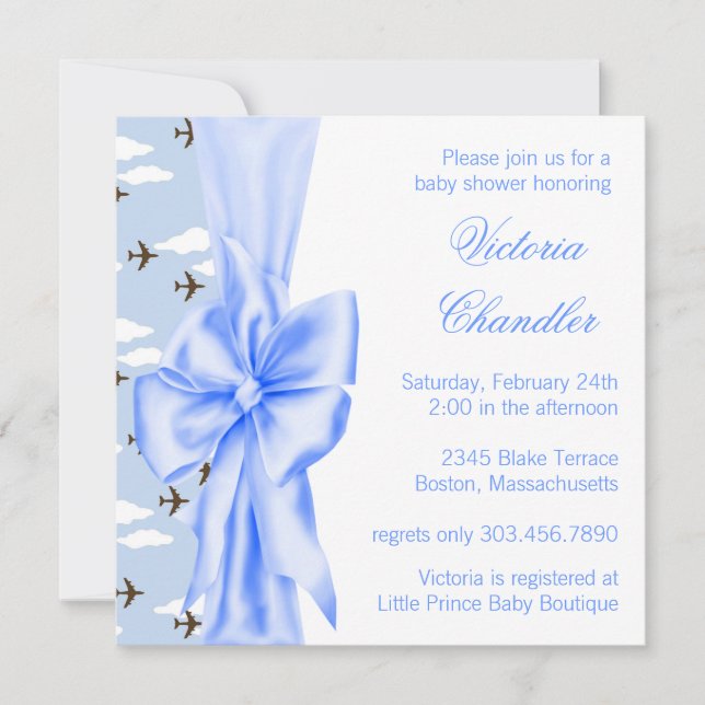 Elegant Blue Airplane Baby Boy Shower Invitation (Front)