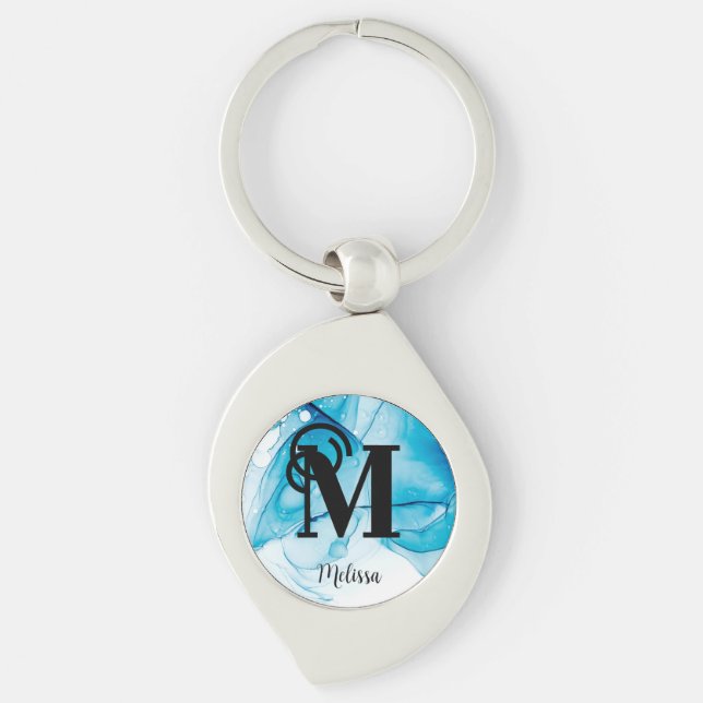 Elegant Blue Alcohol Ink Monogram Keychain (Front)
