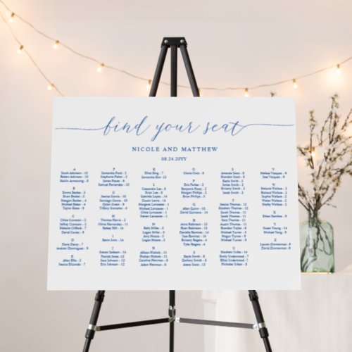 Elegant Blue Alphabetical Wedding Seating Chart Foam Board