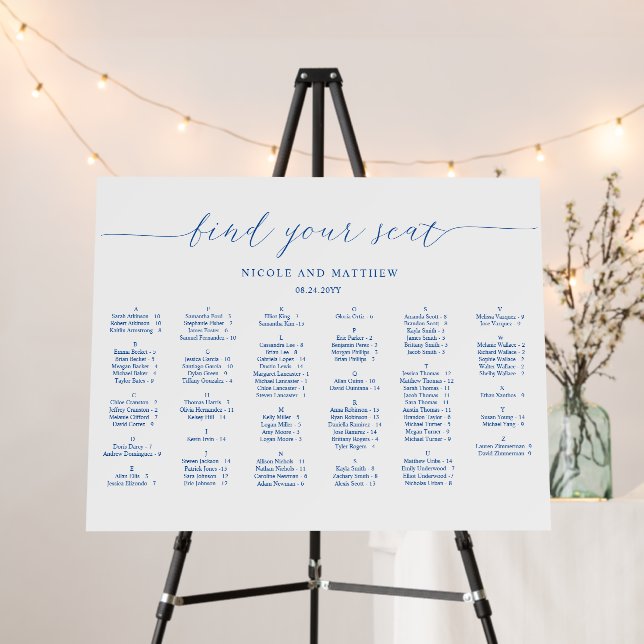 Elegant Blue Alphabetical Wedding Seating Chart Foam Board (In Situ (Stand))