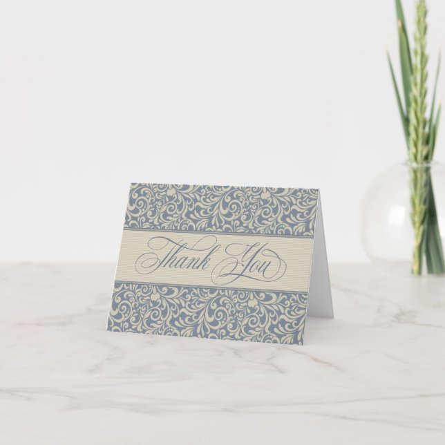 Elegant Blue and Beige Baroque Damask Thank You Card (Front)