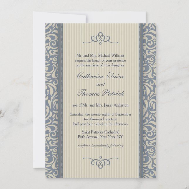 Elegant Blue and Beige Baroque Pattern Wedding Invitation (Front)