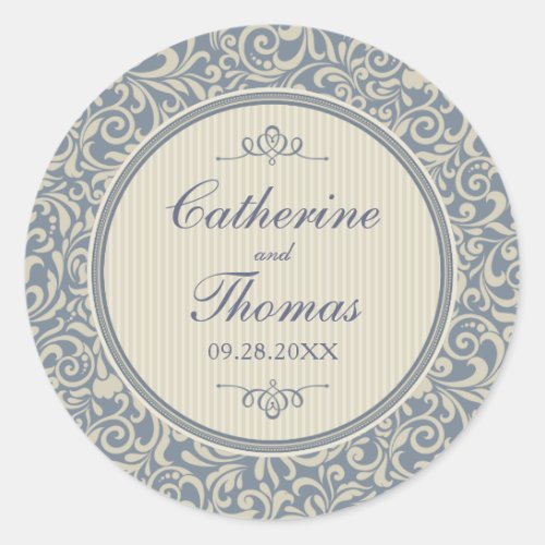 Elegant Blue and Beige Damask Pattern Wedding Classic Round Sticker