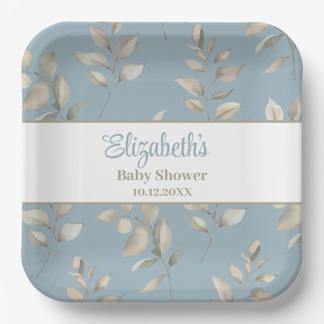 Elegant Blue and Beige Leaves Baby Shower  Paper Plates (Front)