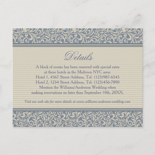 Elegant Blue and Beige Pattern Wedding Details Postcard (Front)