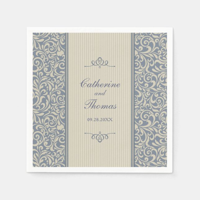 Elegant Blue and Beige Pattern Wedding Paper Napkins (Front)