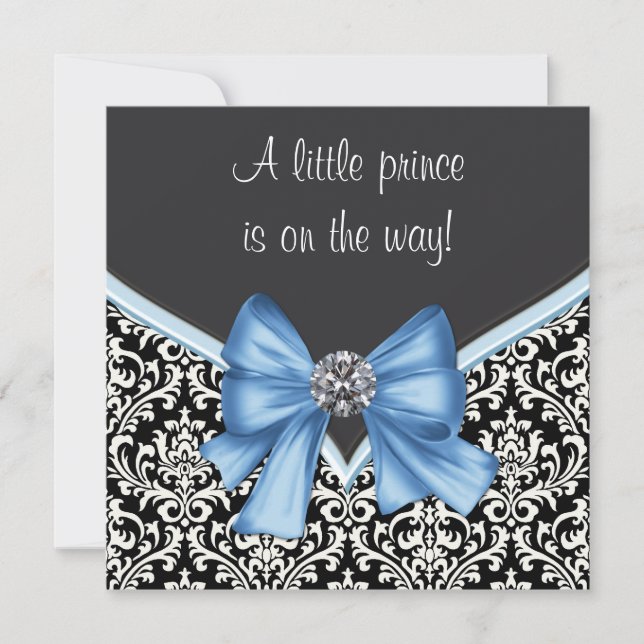 Elegant Blue and Black Damask Prince Baby Shower Invitation (Front)