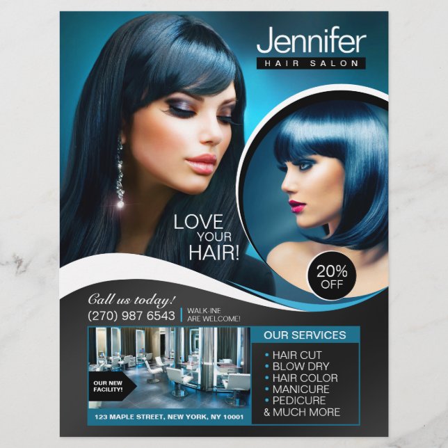 Elegant Blue and Black Hair Salon Flyer (Front)