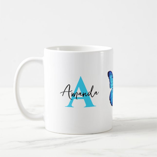 Elegant Blue and Black Monogramed Name Butterfly Coffee Mug (Left)