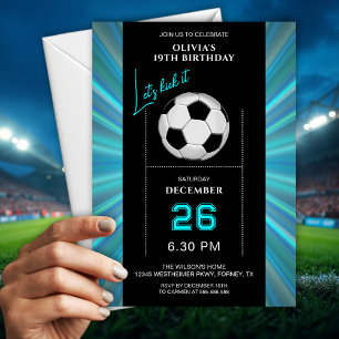 Elegant Blue And Black Soccer Birthday Invitation