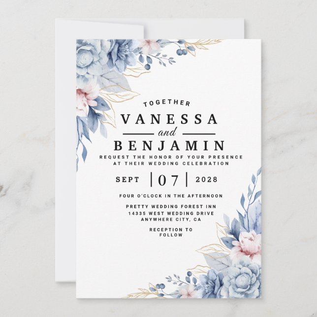 Elegant Blue and Blush Floral Wedding Invitation  (Front)