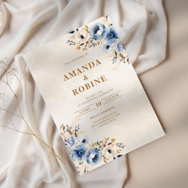 Elegant Blue and Brown Floral Wedding Invitation (Creator Uploaded)
