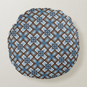 Elegant Blue and Brown Geometric Pattern  Round Pillow