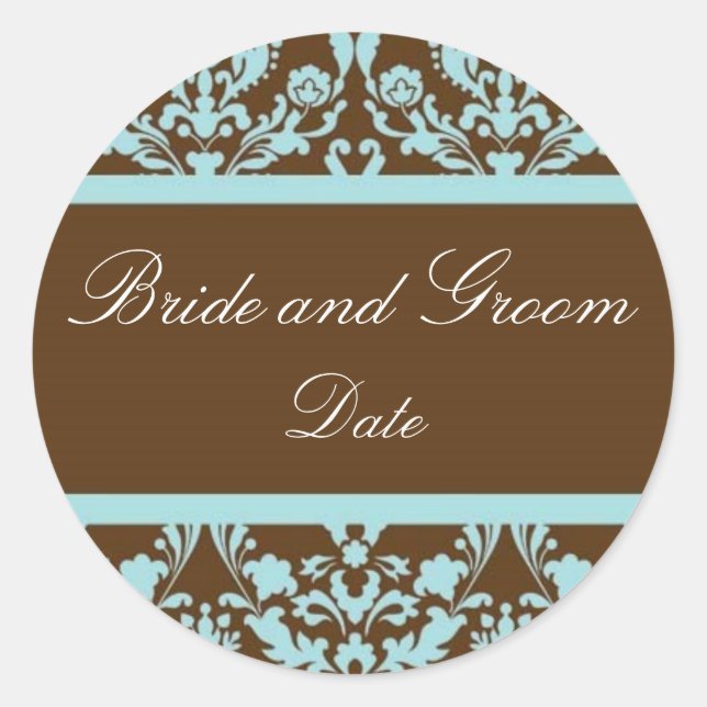 Elegant Blue and Brown Wedding Favor Sticker (Front)