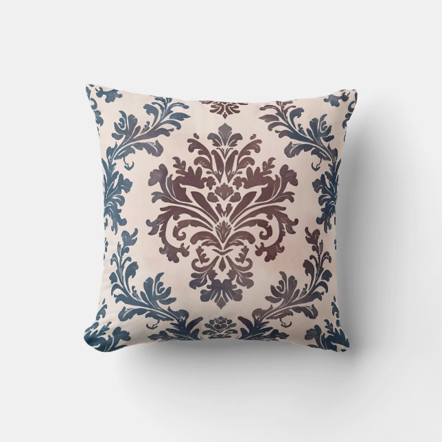 Elegant Blue and Burgundy Damask Pattern Throw Pillow (Front)