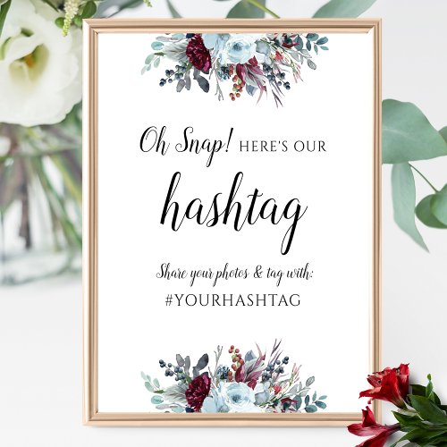 Elegant Blue and Burgundy Floral For Hashtag Sign