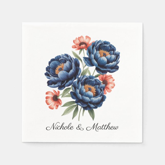 Elegant Blue and Burnt Orange Floral Wedding Napkins (Front)