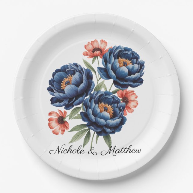 Elegant Blue and Burnt Orange Floral Wedding Paper Plates (Front)