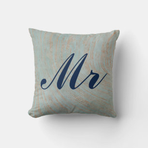 Elegant Blue and Copper Marble design Mr and Mrs Throw Pillow
