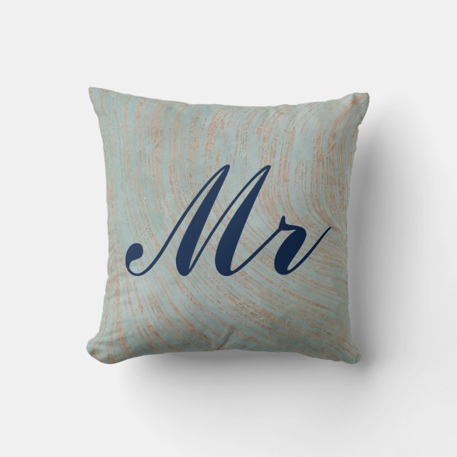 Elegant Blue and Copper Marble design Mr and Mrs Throw Pillow (Front)