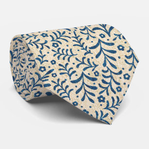Elegant Blue and Cream Botanical Calico Pattern Tie