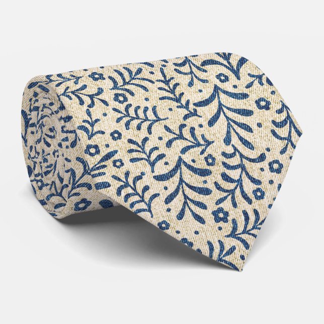 Elegant Blue and Cream Botanical Calico Pattern Tie (Rolled)