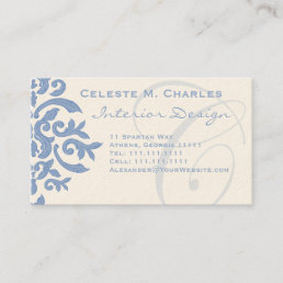 Elegant Blue and Cream Damask Letter C Business Card