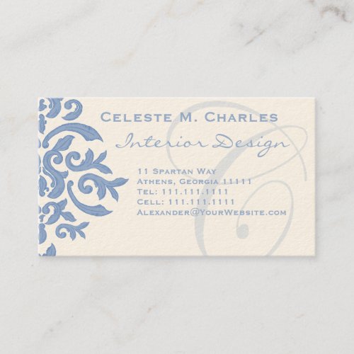 Elegant Blue and Cream Damask Letter C Business Card Templates