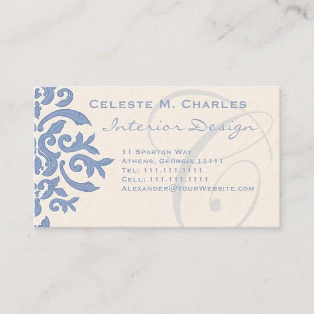 Elegant Blue and Cream Damask Letter C Business Card (Front)