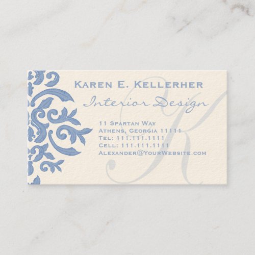 Elegant Blue and Cream Damask Letter E Business Card